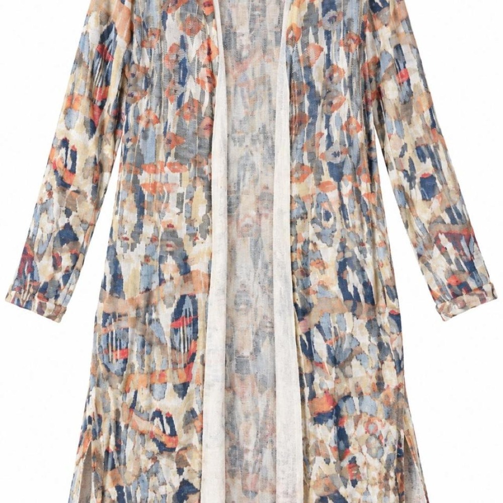Chico's Longline Abstract Cardigan Coastal Grandmother Boho Duster lagenlook